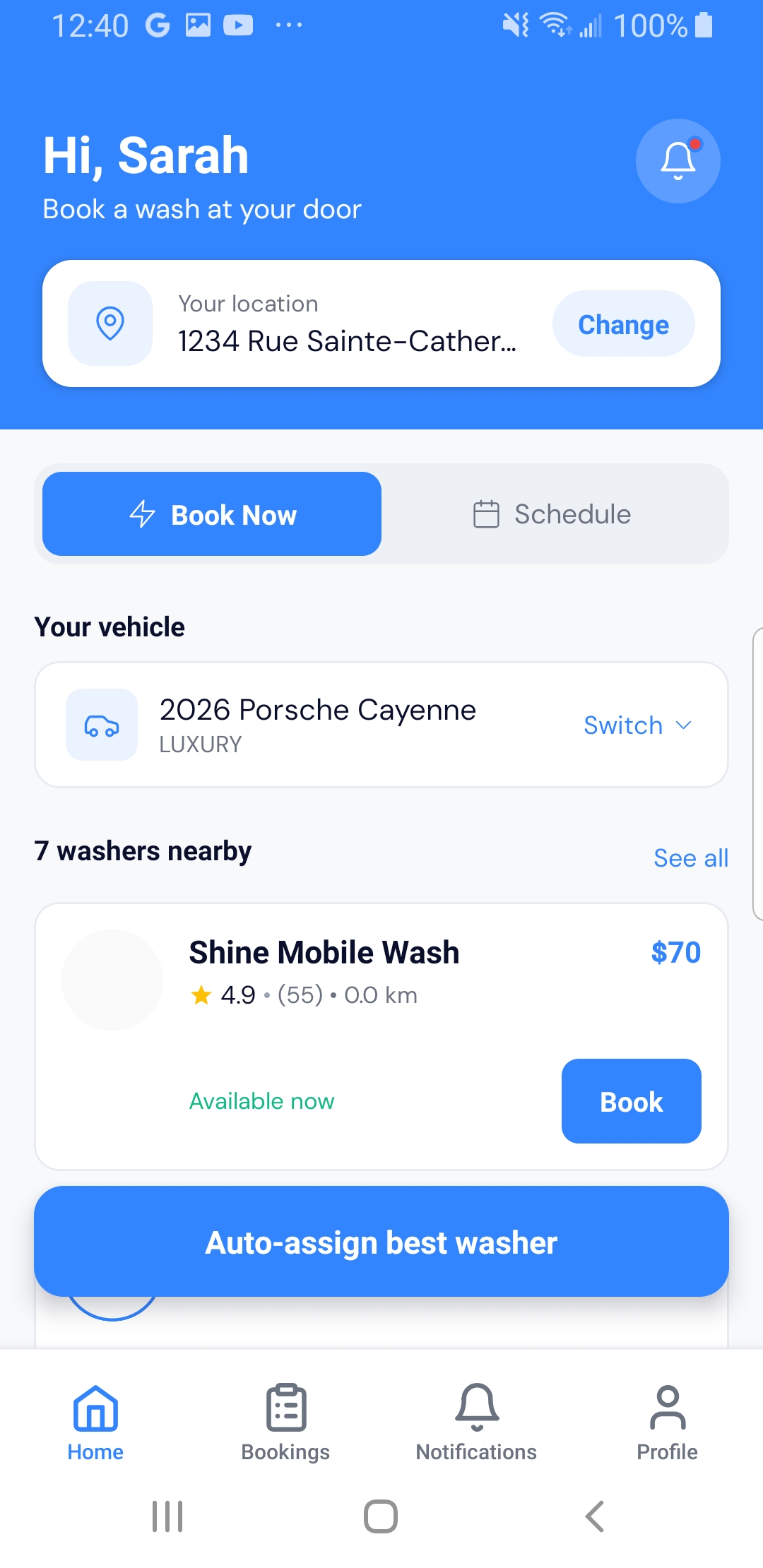LuxWash app home screen: book a vetted pro at your door, with nearby pros and prices