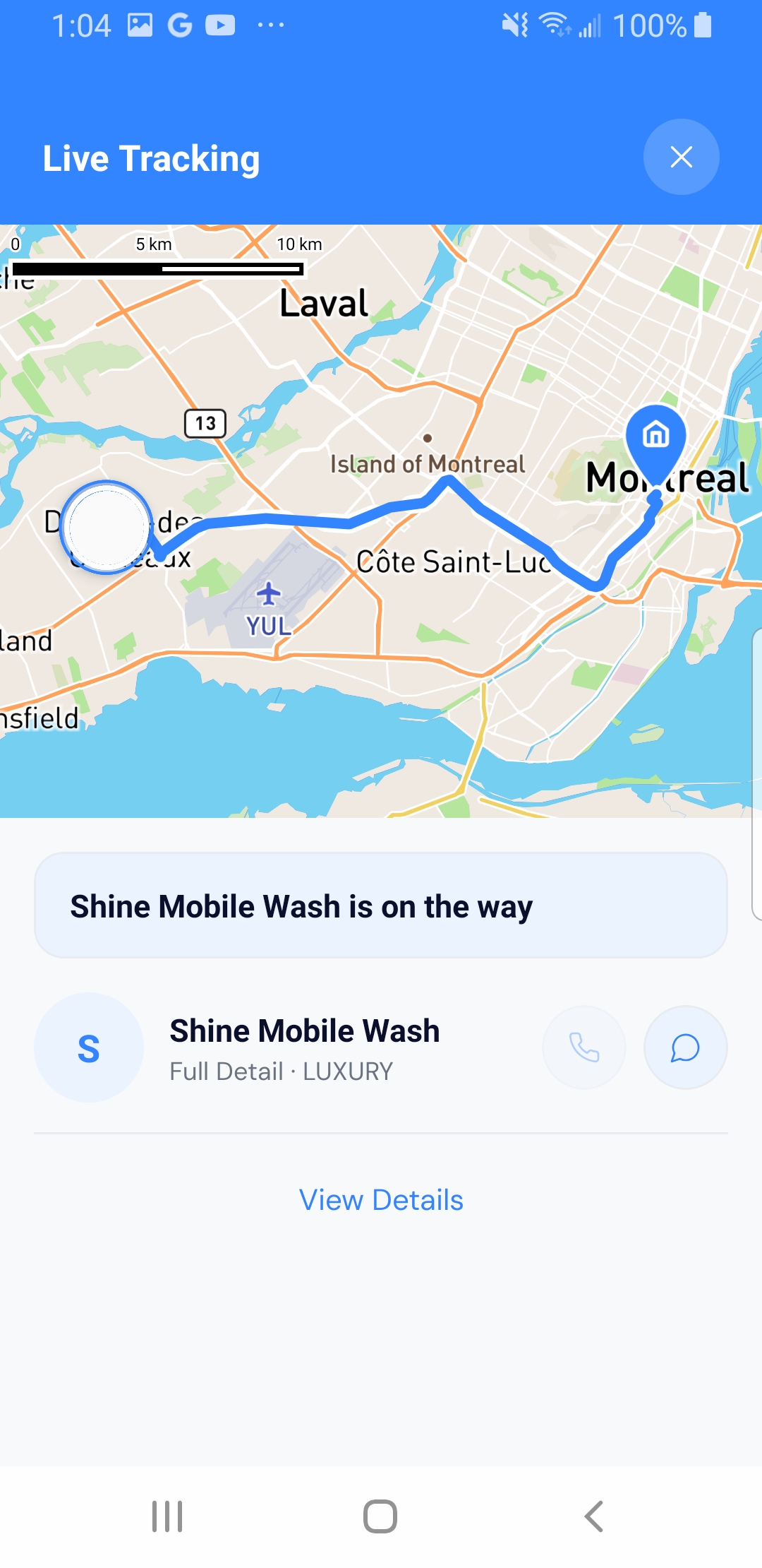 LuxWash app showing a detailing pro's live route to a Montréal address
